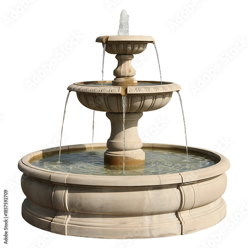a classic stone fountain with tiered basins and cascading water features stands prominently against a dark background