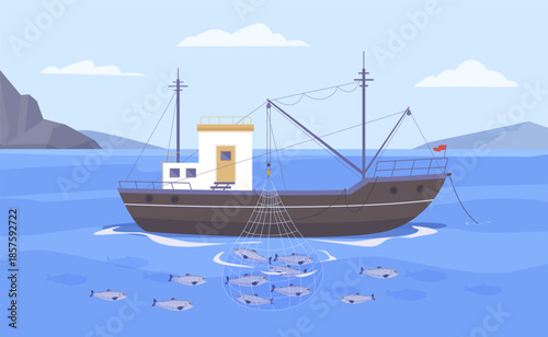 fishing boat in sea. nautical seafood industry boat in water background, fishery attribute. vector cartoon graphics.