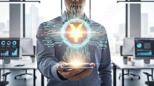 Man holding smartphone displaying glowing digital Yen or Yuan currency symbol with circuit pattern in modern office, representing digital finance and global economy.