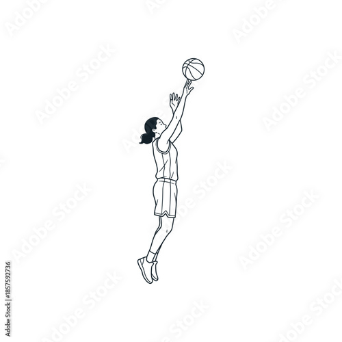 Female basketball player jumping shot action line art vector illustration