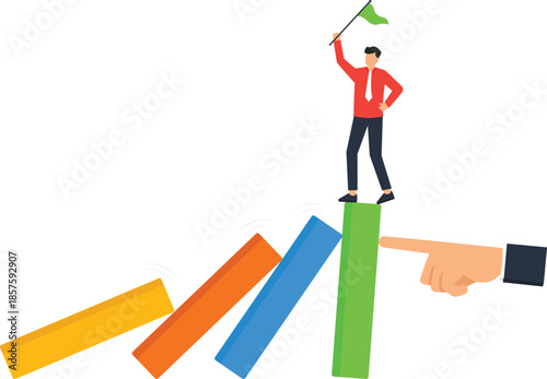 Business risk domino effect concept showing a manager facing a chain reaction corporate crisis leadership challenge financial instability and falling blocks