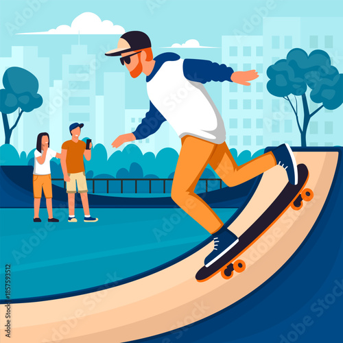 skateboarder. man in action pose making stunt on skateboard, urban outdoor extreme activity, performing trick in skatepark. vector concept graphics