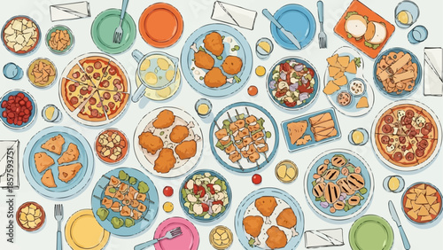 A colorful overhead view of many different dishes and plates of food.
