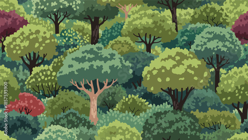 Dense seamless pattern of a lush forest canopy with various types of trees and bushes in different shades of green and brown.