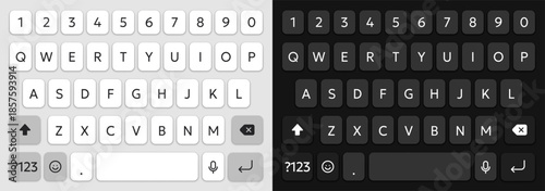 Vector illustration of typing keyboard for mobile phone in light and dark theme colors. Realistic UI mockup or template for modern mobile app