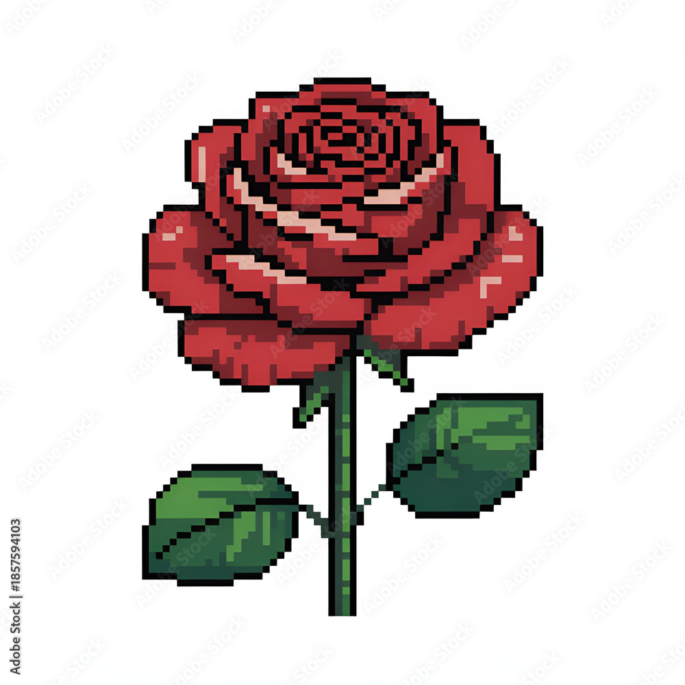 Fototapeta premium Pixel art red rose with green stem and leaves on vactor white background flower floral