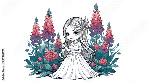 Beautiful coloring page illustration of a princess with long hair standing among tall lupine flowers, with partial color accents.