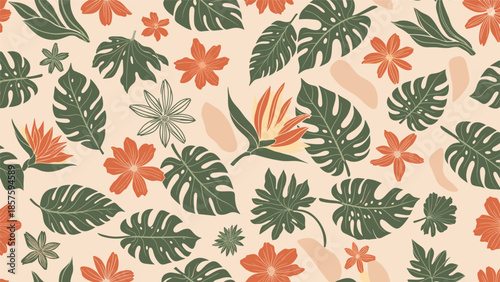 Seamless tropical pattern with green monstera leaves and orange hibiscus flowers on a light beige background in a modern style.