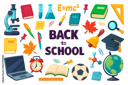 back to school set. childish stationery, school supplies, pens notebooks, paper, pencil etc. vector cartoon flat collection.