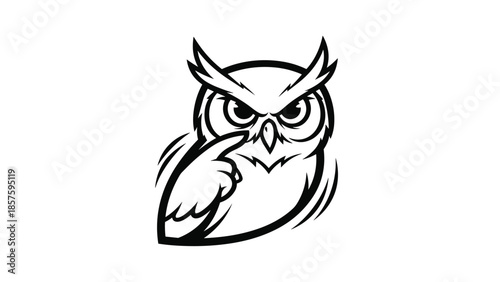 A black and white mascot logo of a thinking owl with a serious expression, touching its beak with its wing contemplatively.