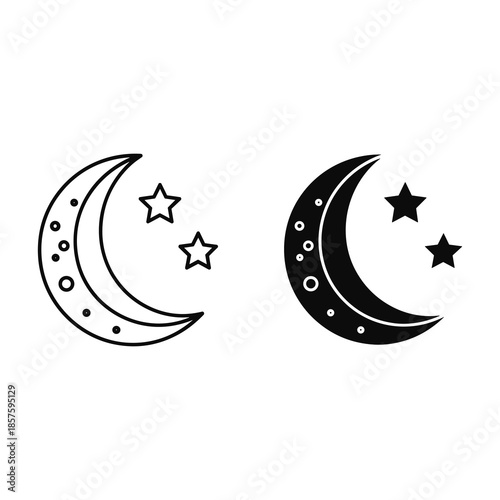 Crescent moon and stars illustration in black and white