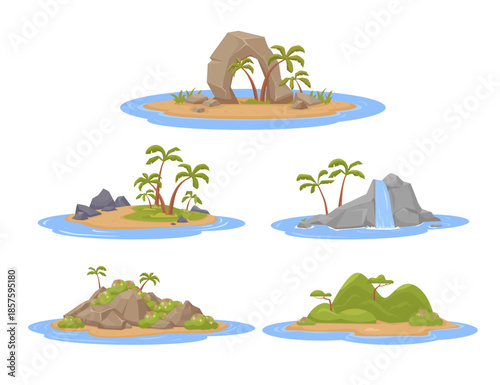 Tropical islands. ocean landscape isolated islands, exotic beaches, seaside beautiful trip. vector cartoon islands collection, set.