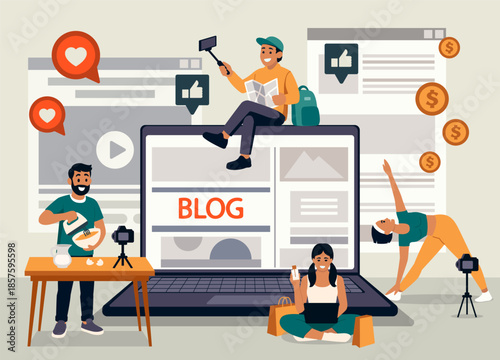 Blogger characters. fitness blog, travel blog, creating video content, male and female characters live stream with followers live stream translation. vector cartoon graphics.