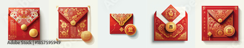 Modern Chinese New Year discount illustration with red envelope. Vector, minimalist, illustration, icon set.