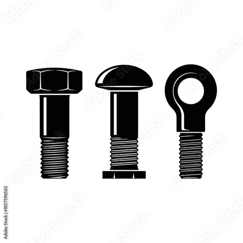 Three Different Types of Bolts Isolated.