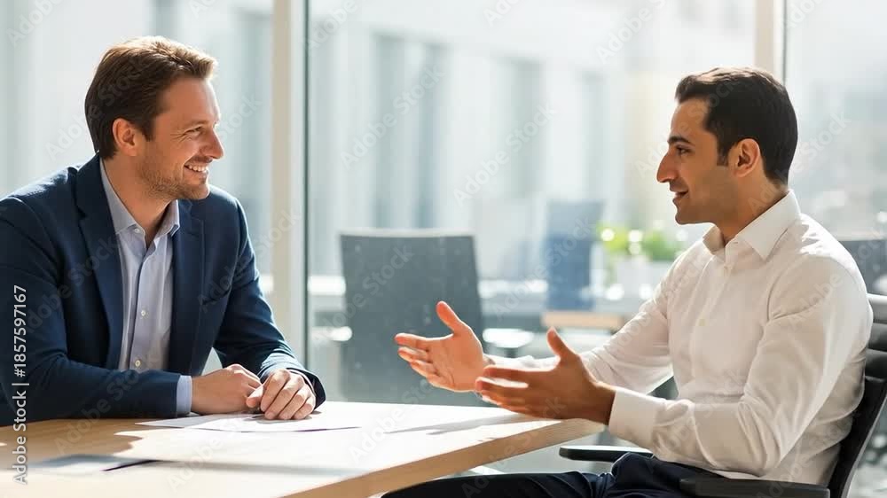 custom made wallpaper toronto digitalTwo smiling professional men in their thirties having a friendly business discussion at a table in a bright modern office.