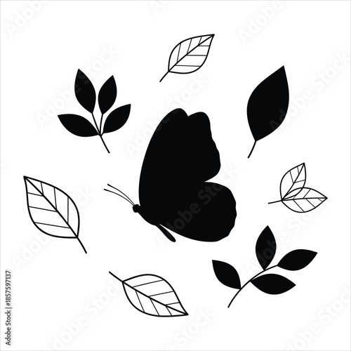 Elegant cabbage white butterfly silhouette paired with simple botanical leaf shapes in flat black minimal eco branding vector