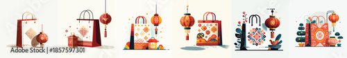 Modern Chinese New Year shopping illustration featuring shopping bags. Vector, minimalist, illustration, icon set.