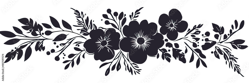 Obraz premium Elegant black silhouette floral border with wildflowers leaves and berry branches decorative vector illustration for design