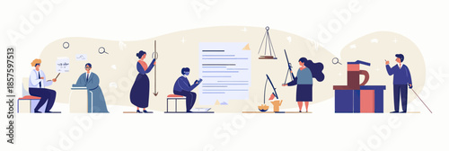 Legal professionals consulting and analyzing contract documents with scales of justice and briefcases in business law concept flat vector illustration