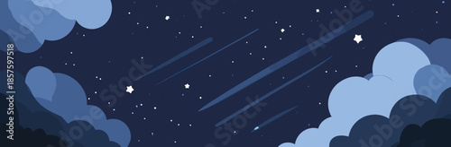 night sky with falling stars shooting stars surrounded by dark and light blue clouds minimalist flat vector illustration seamless texture background for design and decoration