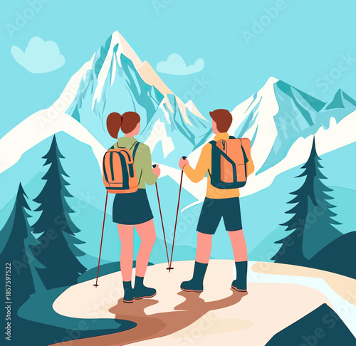 Couple hikers with backpacks and trekking poles standing on mountain trail overlooking snowy peaks and pine trees in minimalist flat vector style outdoor adventure concept