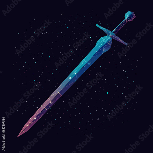 Low poly sword vector illustration with cosmic starry background polygonal fantasy weapon digital art protection concept design