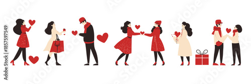 Couples exchanging hearts gifts love affection romantic Valentine celebration winter outfits flat vector illustration