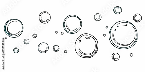 Hand drawn water bubbles vector illustration with sparkling line art style isolated on white background, transparent clean round droplets design
