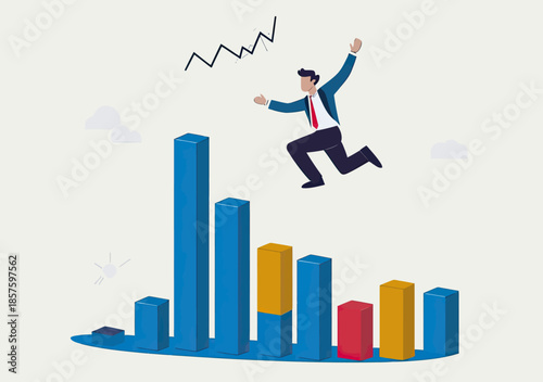 Businessman jumping above colorful bar graph with upward trending arrow symbolizing financial growth, economic recovery, and profit increase concept in flat vector style