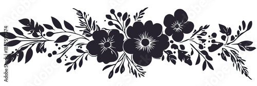 Elegant black silhouette floral border with wildflowers leaves and berry branches decorative vector illustration for design