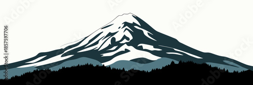 Flat minimalist vector illustration of snow capped mountain peak with pine tree forest silhouette landscape on plain background