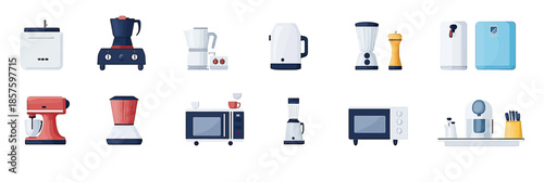 Flat minimalist vector illustration of modern kitchen appliances collection including coffee maker, kettle, blender, microwave, mixer, refrigerator, and espresso machine icons