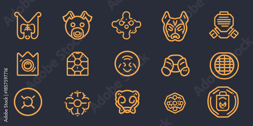 Danger warning icons set including biohazard mask, aggressive dog, virus molecule, gas mask, bomb, chemical hazard, and radiation alert symbols in line style vector illustration