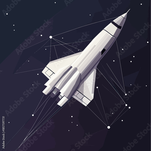 Vector illustration of white space shuttle with polygonal constellation connections on dark starry background in flat minimalist style for science and technology concept