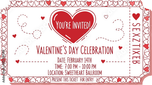Adorable pink and red ticket invitation design for a heartfelt and romantic valentine's day celebration event happening on february fourteenth.