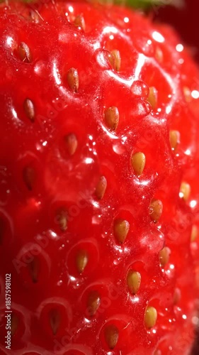 Close-up of a ripe, juicy strawberry with visible seeds and glistening surface.