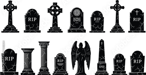 Collection of Spooky Halloween Gravestone Silhouettes with RIP Text Cracked Textures Stone Crosses and Angel Monument Icons Isolated on White Background