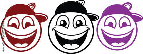 Three cartoon faces wearing baseball caps graphic illustration