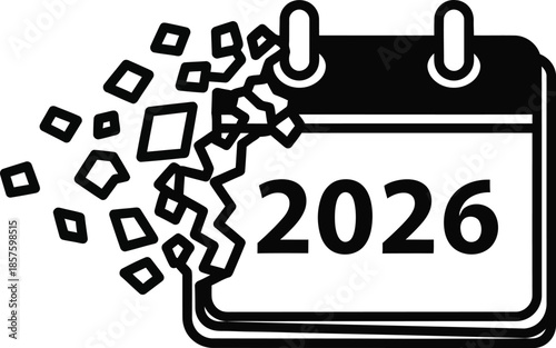 Shattered calendar page for 2026 exploding apart