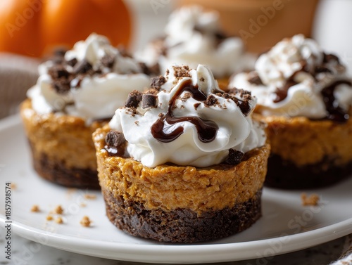 Wallpaper Mural Mini pumpkin cheesecakes with whipped cream, chocolate drizzle, and crumble on a white plate Torontodigital.ca
