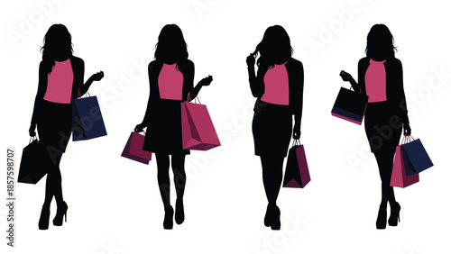 Silhouettes of women carrying shopping bags. set of vector illustration fashion girls