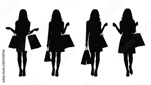 Silhouettes of women carrying shopping bags. set of vector illustration fashion girls