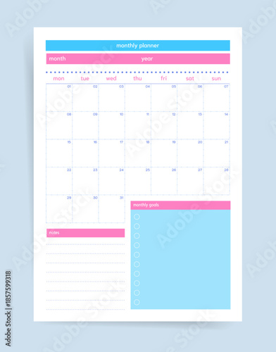 Monthly planner template with pre-numbered calendar. Blue and pink design with lined notes and goals section with bullet circles. Printable vector organizer for planning and tracking priorities.
