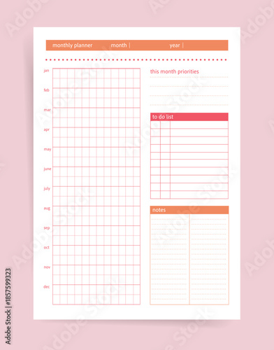 Minimalist Monthly Planner Template with Year Overview Grid, Monthly Priorities, To Do List and Notes Section. Clean Modern Organizer Page for Long Term Planning, Goal Setting and Productivity Managem