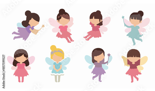 Cute fairy cartoon characters in pretty dresses flat vector illustration set