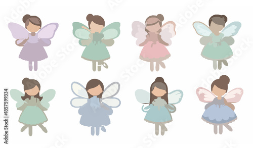 Cute girly fairy doll characters in elegant dresses flat vector illustration set