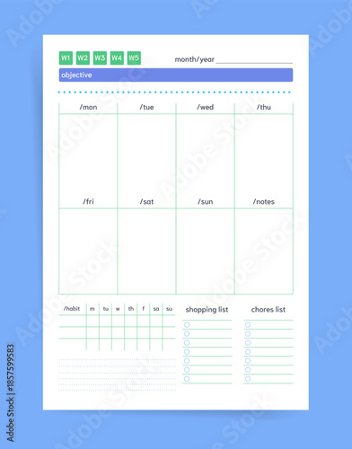 Weekly planner template with objective bar, week labels and daily sections. Includes a notes column, habit tracker and shopping and chores lists. blue and green minimal design for productivity.