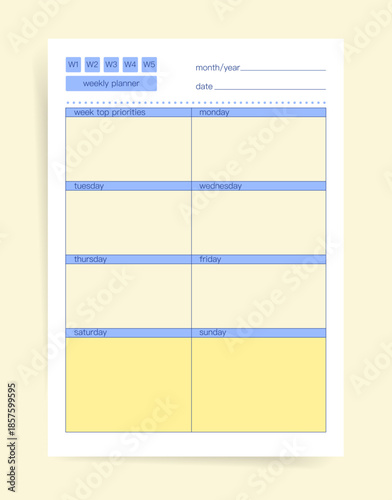 Weekly planner template with date fields and top priorities section. Features large boxes for each day of the week; pastel design; printable organizer for planning and scheduling.