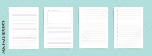 Handwriting Practice Paper Templates Set Primary Ruled Sheets with Name Field for Kids School Learning Printable Vector